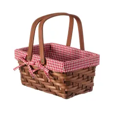 Wickerwise Small Rectangular Woodchip Picnic Baskets with Double Folding Handles, Natural Hand-Woven Basket Lined with Gingham Red and White Lining Great for Gifts.