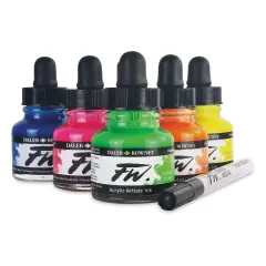 Daler-Rowney FW Acrylic Water-Resistant Artists Ink - 1 oz, Neon Colors, Set of 6 with Empty Marker