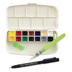 Kuretake Gansai Portable Watercolor Set - Set of 14, Assorted Colors, Half Pans