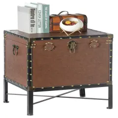 Faux Leather Trimmed Lockable Square Lined Storage Trunk, End Table on Metal Stand Brown