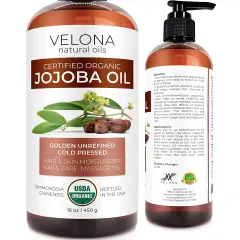 Velona Jojoba Oil USDA Certified Organic - 16 oz | 100% Pure and Natural Carrier Oil| Golden, Unrefined, Cold Pressed, Hexane Free | Moisturizing Face, Hair, Body, Skin Care, Stretch Marks, Cuticles | Use Today - Enjoy Results
