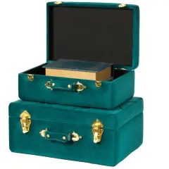Decorative Tufted Velvet Suitcase Treasure Chest Set of 2 Green