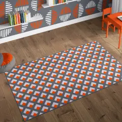 Deerlux Modern Living Room Area Rug with Nonslip Backing, Geometric Gray and Orange Trellis Pattern