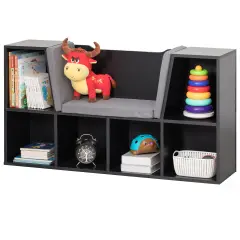 Modern Multi-Purpose Bookshelf with Storage Space and Gray Cushioned Reading Nook Black