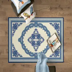 Deerlux Transitional Living Room Area Rug with Nonslip Backing, Blue Medallion Pattern