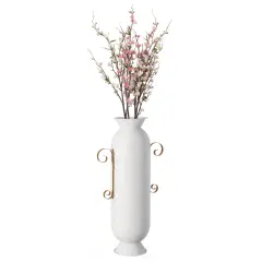 19.25 in Tall Decorative White Metal Floor Vase With 2 Gold Handles - Elegant Handcrafted Chic Vessel for Entryway, Living Room, or Dining Room - Modern Home Decor Accent - Tall Floor Standing Vase