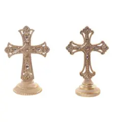 9" Gold Jeweled Cross on Base &ndash; Elegant Religious Christmas Decor