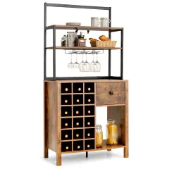 Kitchen Bakers Rack Freestanding Wine Rack Table with Glass Holder and Drawer Rustic Brown