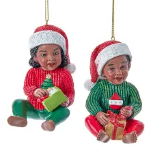 3.25" African American Boy and Girl in Christmas Outfits &ndash; Set of 2 Assorted Ornaments