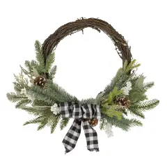 Northlight Plaid Bow and Winter Foliage Artificial Christmas Twig Wreath - 23-inch, Unlit Brown