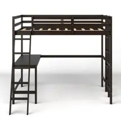 Twin Size Pine Wood Loft Bed with Desk, Guardrail, Dual Ladders Espresso