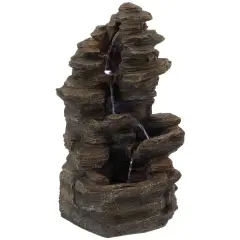 Cascading Electric Powered 4-Tier Rock Water Fountain 24" with LED Lights for Indoor and Outdoor Use