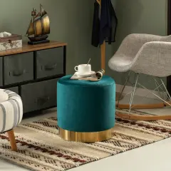 Modern Round Velvet Fabric Standard Ottoman Stool with Gold Base Green