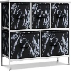 Sorbus Dresser with 5 Drawers - Storage Chest Organizer Unit with Steel Frame, Wood Top, Easy Pull Fabric Bins - Long Wide TV Stand for Bedroom Furniture, Hallway, Closet & Office Organization Marble black/white