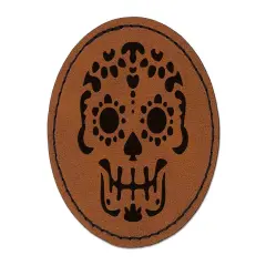 Mexican Day of the Dead Sugar Skull Skeleton Round Iron-On Engraved Faux Leather Patch Applique - 2.5" Brown