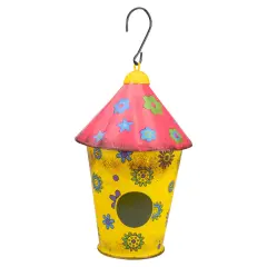 Northlight 7.75" Red and Yellow Metal Birdhouse with Flowers
