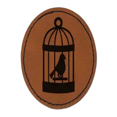 Bird Cage with Bird Round Iron-On Engraved Faux Leather Patch Applique - 2.5" Brown