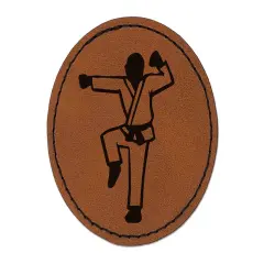 Kung Fu Martial Arts Hang Stance Karate Gi Round Iron-On Engraved Faux Leather Patch Applique - 2.5" Brown