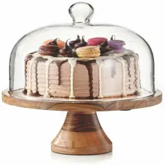 Wood Cake Stand with Glass Dome: Transformable to Cheese Board.