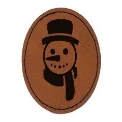 Snowman Face with Scarf Winter Round Iron-On Engraved Faux Leather Patch Applique - 2.5" Brown