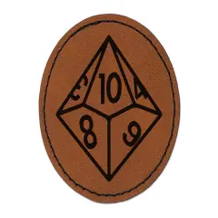 D10 10 Sided Gaming Gamer Dice Critical Role Round Iron-On Engraved Faux Leather Patch Applique - 2.5" Brown