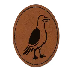 Standing Seagull Bird Round Iron-On Engraved Faux Leather Patch Applique - 2.5" Brown
