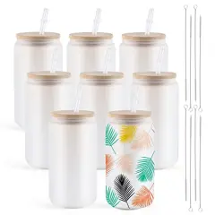 8 Pieces Sublimation Glass Blanks with Bamboo Lid - 16 Oz Frosted Sublimation Beer Can Glass - Sublimation Glass Tumblers for Iced Coffee Juice Soda Drinks