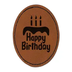 Happy Birthday with Cake Round Iron-On Engraved Faux Leather Patch Applique - 2.5" Brown