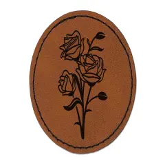 Bundle of Wild Roses Round Iron-On Engraved Faux Leather Patch Applique - 2.5" Brown