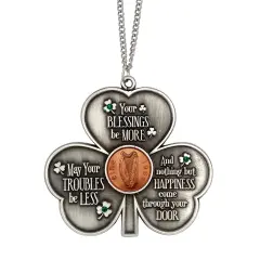 Shamrock Irish Penny House Blessing With Emerald Green Glass Stones