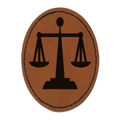 Scales of Justice Legal Lawyer Icon Round Iron-On Engraved Faux Leather Patch Applique - 2.5" Brown