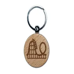 Roller Coaster Amusement Park Engraved Wood Round Keychain Tag Charm