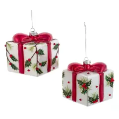 3.5" Glass Holly Decorated Present Ornament, Set of 2 - Festive Christmas Tree Decorations