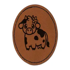 Darling Cow with Flower Round Iron-On Engraved Faux Leather Patch Applique - 2.5" Brown