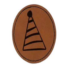 Striped Birthday Hat Round Iron-On Engraved Faux Leather Patch Applique - 2.5" Brown