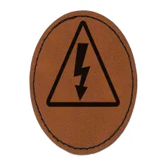 Electrical High Voltage Warning Sign Round Iron-On Engraved Faux Leather Patch Applique - 2.5" Brown