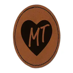 MT Montana State in Heart Round Iron-On Engraved Faux Leather Patch Applique - 2.5" Brown