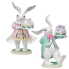 9" Easter Bunny Cake Server Figurines &ndash; Vintage-Inspired Rabbit Couple Holding Cakes (Set of 2)