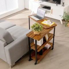 Rotating Sofa Side Table with Wheels Sliding Laptop Desk with Storage Shelves for Small Spaces Brown