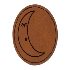 Sleeping Moon Round Iron-On Engraved Faux Leather Patch Applique - 2.5" Brown