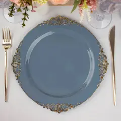 10 Pcs Disposable Plastic Salad Dinner Plates Embossed Baroque Trim Party Dusty blue