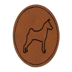 Basenji Dog Outline Round Iron-On Engraved Faux Leather Patch Applique - 2.5" Brown