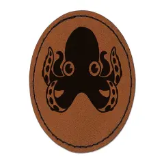 Cute Octopus Round Iron-On Engraved Faux Leather Patch Applique - 2.5" Brown