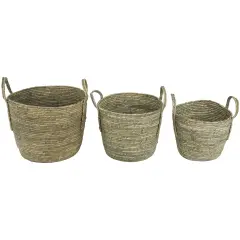 Northlight Set of 3 Gray Tall Seagrass Storage Baskets with Sewn Zig Zag Accents 13"