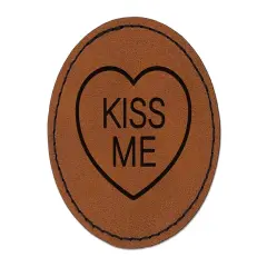 Kiss Me Conversation Heart Love Valentine's Day Round Iron-On Engraved Faux Leather Patch Applique - 2.5" Brown