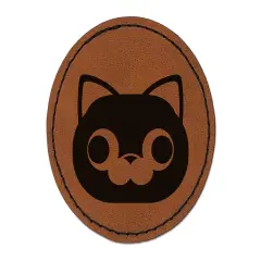 Round Cat Face Derpy Round Iron-On Engraved Faux Leather Patch Applique - 2.5" Brown