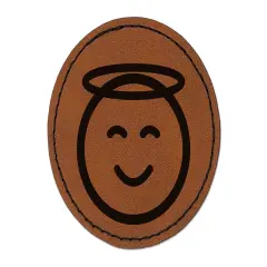 Angel Face Halo Emoticon Round Iron-On Engraved Faux Leather Patch Applique - 2.5" Brown
