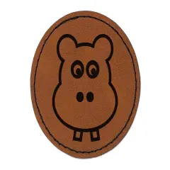 Cute Hippopotamus Face Round Iron-On Engraved Faux Leather Patch Applique - 2.5" Brown