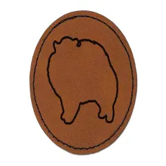 Pomeranian Dog Outline Round Iron-On Engraved Faux Leather Patch Applique - 2.5" Brown