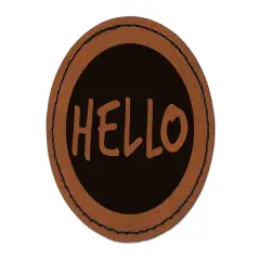Hello in Circle Round Iron-On Engraved Faux Leather Patch Applique - 2.5" Brown